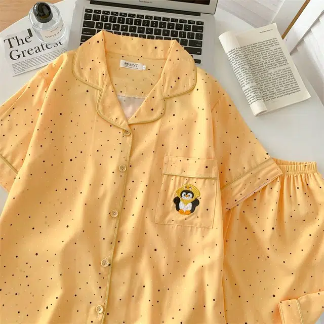 俏韵 翻领卡通夏季款冰丝甜美舒适短袖短裤薄款家居服可外穿睡衣套装 女款