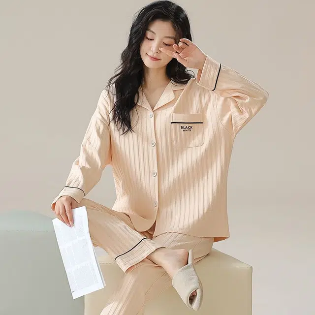 俏韵 翻领春秋季简约条纹长袖开衫甜美可爱休闲舒适薄款家居服可外穿睡衣套装 女款