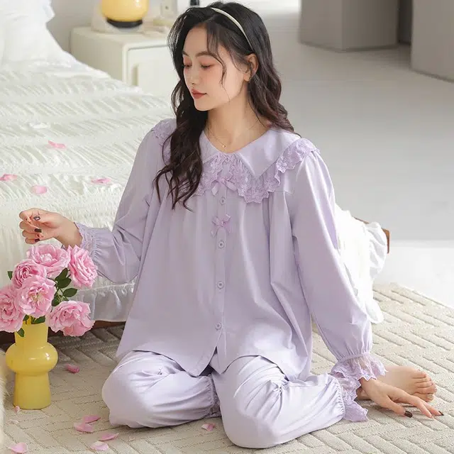 俏韵 翻领春秋季简约纯色长袖长裤甜美可爱休闲舒适薄款家居服可外穿睡衣套装 女款