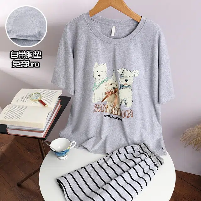 俏韵 圆领卡通短袖可爱套头带胸垫家居服可外穿睡衣套装 女款