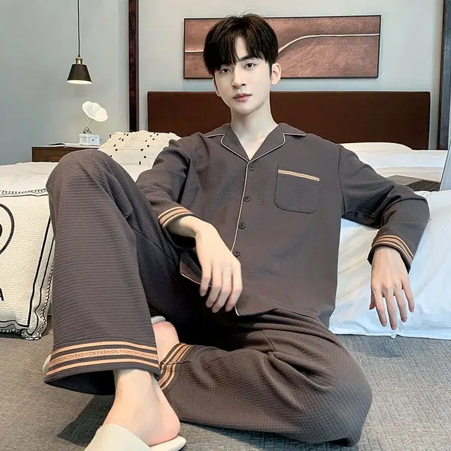 俏韵 翻领秋春季长袖长裤开衫休闲风简约薄款家居服可外穿睡衣套装 男款
