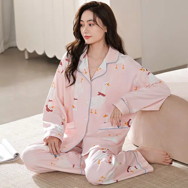 俏韵 翻领卡通春秋季简约舒适长袖长裤甜美可爱薄款家居服可外穿睡衣套装 女款