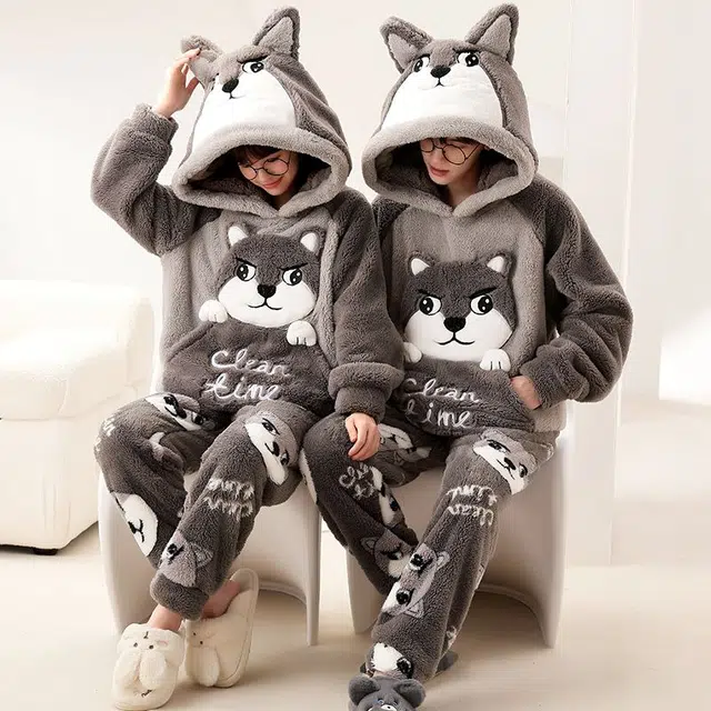 俏韵 连帽卡通冬季加绒保暖长袖长裤甜美印花可爱舒适家居服可外穿睡衣套装 男女同款