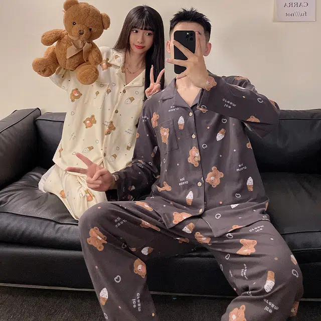 俏韵 翻领卡通春秋季简约印花长袖长裤甜美可爱舒适家居服可外穿睡衣套装 男女同款