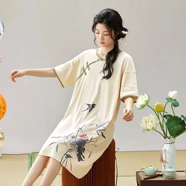 俏韵 圆领中国风短袖简约甜美风中长款家居服可外穿睡裙 女款