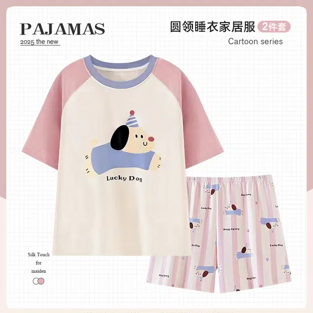俏韵 圆领卡通甜美风宽短袖家居服可外穿睡衣套装 女款
