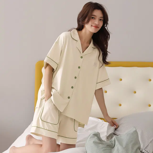 俏韵 翻领夏季纯棉舒适凉感短袖甜美可爱薄款家居服可外穿睡衣套装 女款