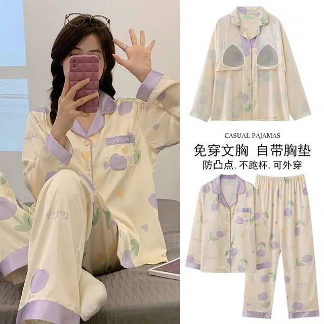 俏韵 翻领春秋季冰雪丝简约长袖长裤甜美休闲舒适薄款家居服可外穿睡衣套装 女款