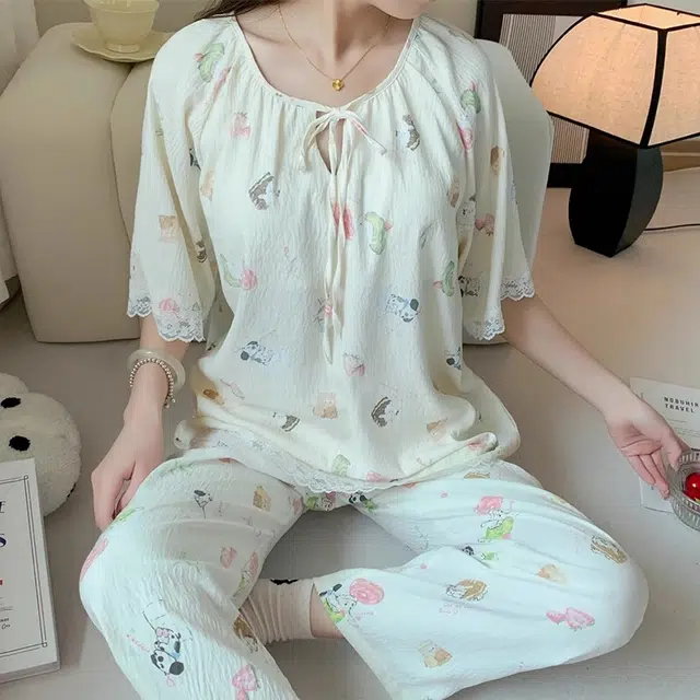 俏韵 圆领短袖长裤三件套薄款舒适家居服可外穿夏季睡衣套装 女款