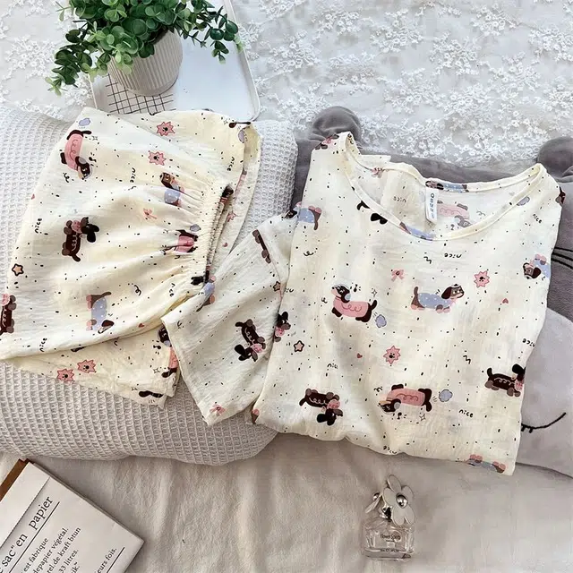 俏韵 圆领卡通腊肠狗夏季云朵棉甜美条纹可爱短袖短裤舒适薄款家居服可外穿睡衣套装 女款