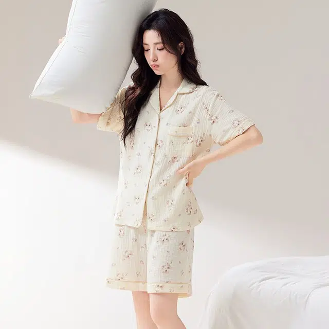 俏韵 翻领夏季猫咪纯棉甜美短袖短裤舒适薄款家居服可外穿睡衣套装 女款