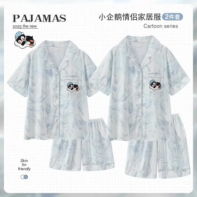 俏韵 翻领卡通企鹅短袖三分裤凉感家居服可外穿夏季睡衣套装 男女同款