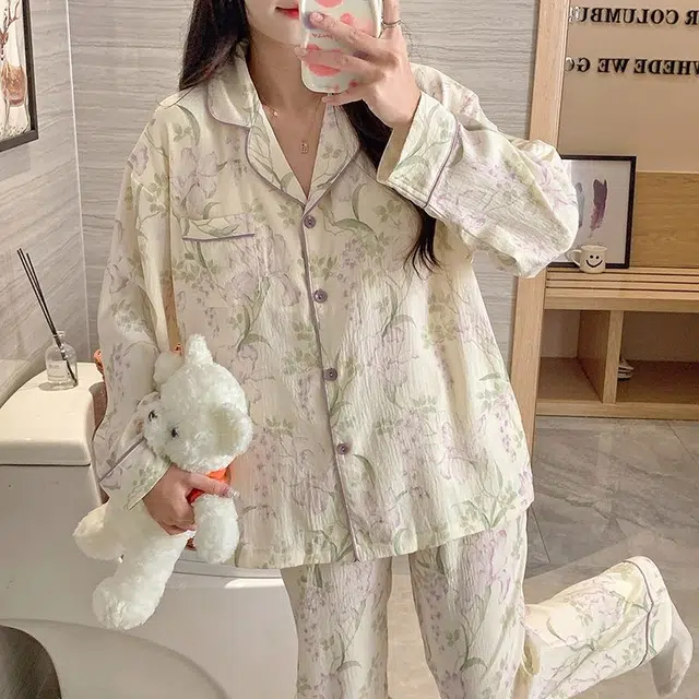 俏韵 翻领薄款云朵棉长袖带胸垫开衫休闲家居服可外穿睡衣套装 女款