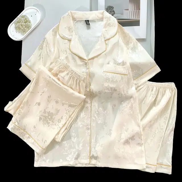 俏韵 带胸垫短袖国风冰丝三件套家居服夏季睡衣套装 女款