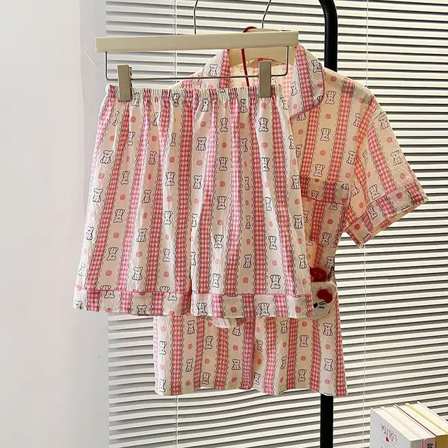 俏韵 翻领夏季卡通条纹云朵棉舒适短袖短裤甜美薄款家居服可外穿睡衣套装 女款