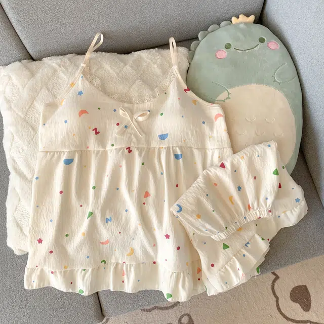 俏韵 圆领夏季吊带舒适甜美可爱短裤薄款家居服可外穿睡衣套装 女款