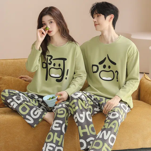 俏韵 圆领卡通春秋季纯棉长袖长裤甜美可爱舒适薄款家居服可外穿睡衣套装 男女同款