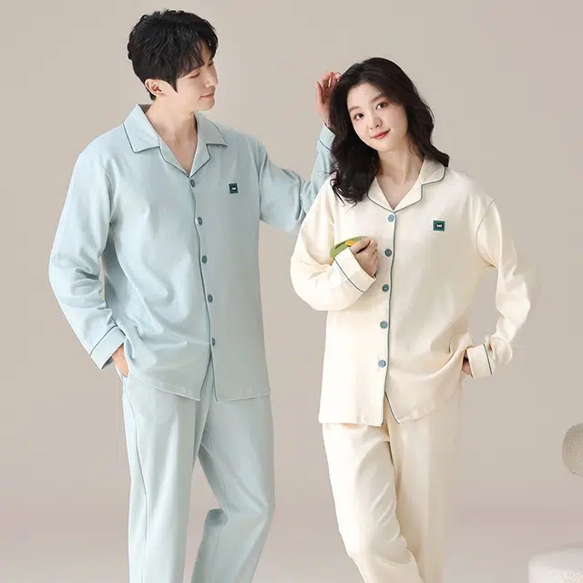 俏韵 翻领春秋季纯棉简约风长袖长裤甜美舒适休闲高级家居服可外穿睡衣套装 男女同款