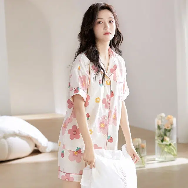 俏韵 翻领甜美舒适短袖三分裤薄款家居服可外穿夏季睡衣套装 女款