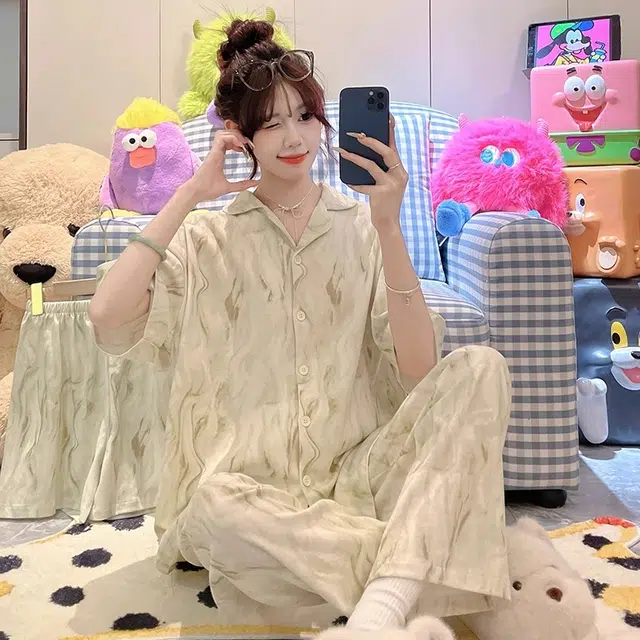 俏韵 翻领短袖上衣三件套简约休闲高级感薄款家居服可外穿长裤夏季睡衣套装 女款