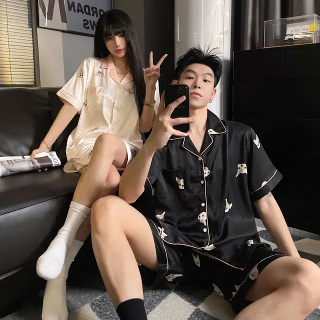俏韵 休闲简约亲肤舒适字母翻领短袖透气可外穿睡衣套装 男女同款