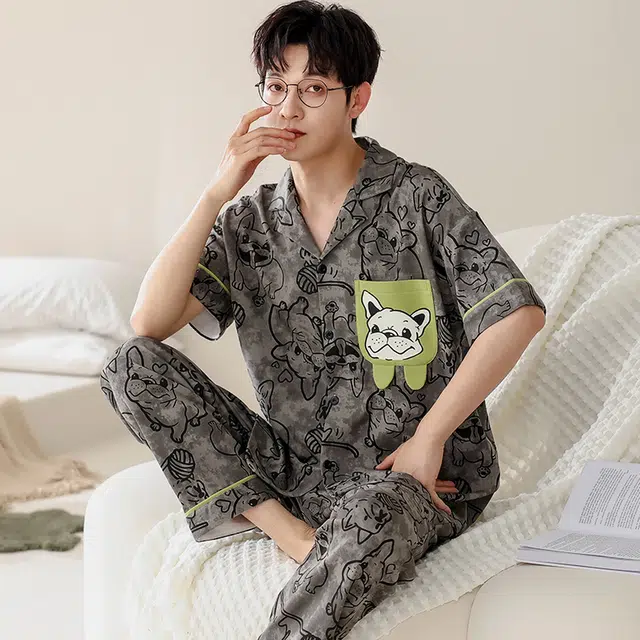 俏韵 翻领卡通动漫简约舒适上衣松紧腰长裤睡衣套装 男款