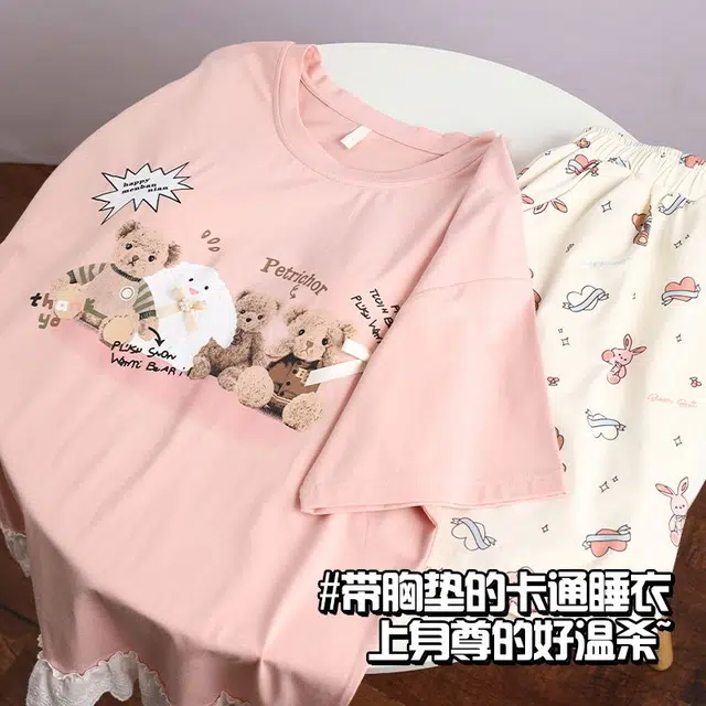 俏韵 圆领卡通短袖短裤可爱套头带胸垫甜美家居服可外穿夏季款睡衣套装 女款