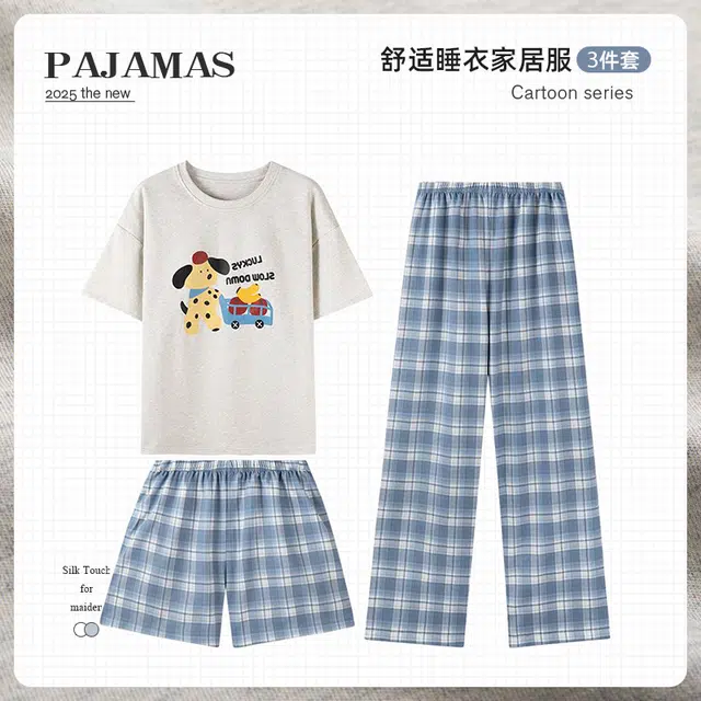 俏韵 圆领卡通夏季带胸垫短袖三件套甜美简约印花薄款舒适家居服可外穿睡衣套装 女款