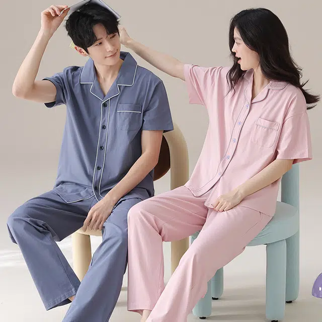 俏韵 翻领简约舒适短袖休闲长裤睡衣套装 男女同款