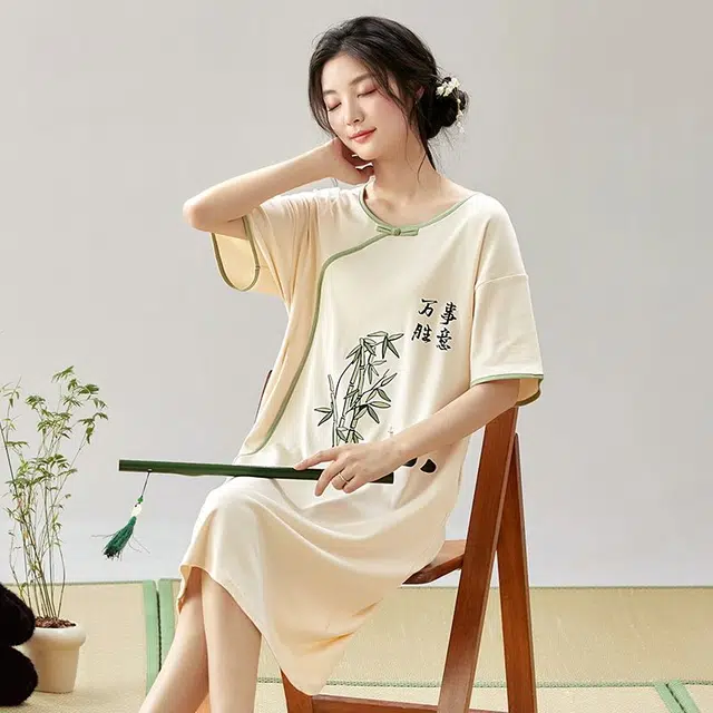 俏韵 圆领夏季熊猫短袖简约甜美国风中长款家居服可外穿睡裙 女款