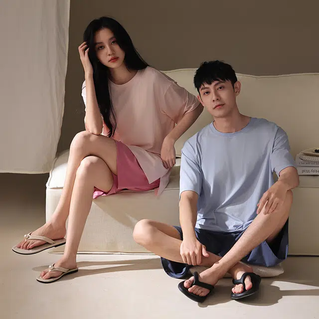 俏韵 凉感带胸垫休闲短袖薄款可外穿睡衣套装 男女同款