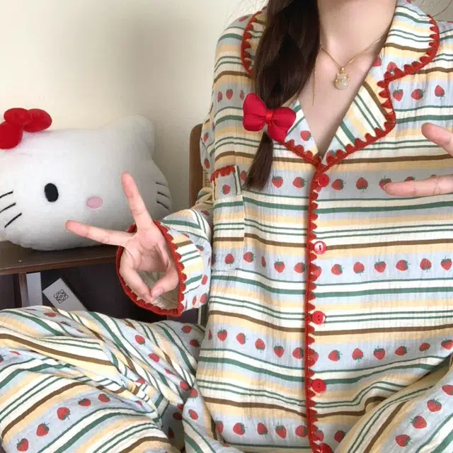 俏韵 翻领春秋季云朵棉简约印花长袖休闲甜美可爱薄款舒适家居服可外穿 睡衣套装 女款