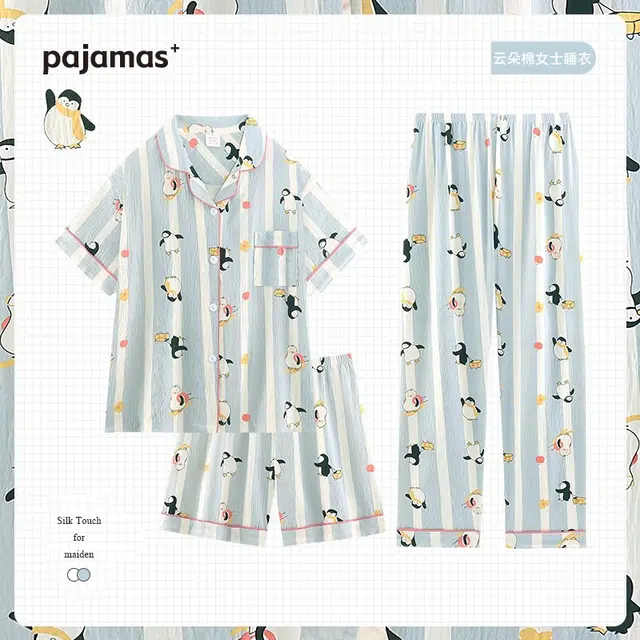 俏韵 休闲卡通企鹅短袖长裤睡衣套装 女款 蓝色