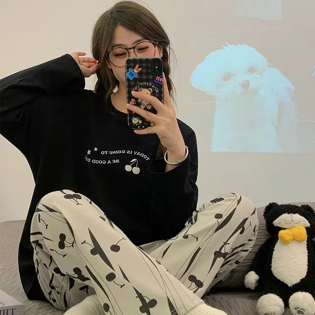 俏韵 圆领春秋季仿棉长袖简约印花休闲风甜美薄款舒适家居服可外穿睡衣套装 女款