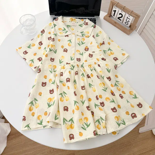 俏韵 翻领卡通小熊夏季甜美格子可爱短袖短裤夏天休闲舒适薄款家居服可外穿睡衣套装 女款