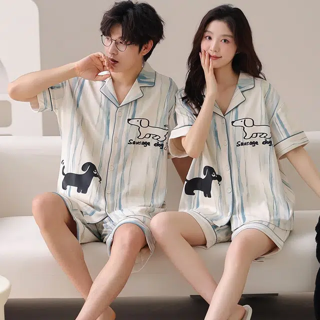 俏韵 翻领小狗休闲纯棉短袖薄款家居服可外穿睡衣套装 男女同款