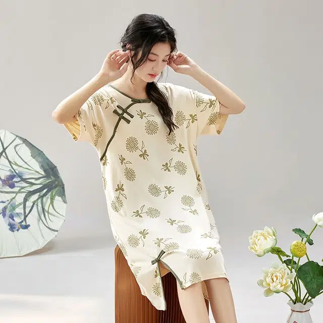 俏韵 圆领夏季款短袖简约甜美国风中长款家居服可外穿睡裙 女款