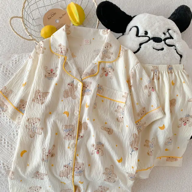 俏韵 翻领卡通小熊夏季云朵棉印花开衫短袖短裤甜美可爱家居服可外穿睡衣套装 女款