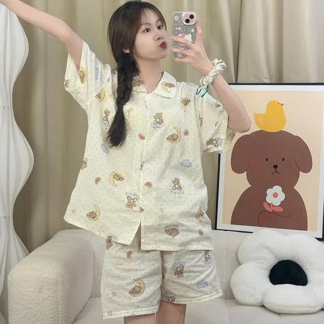 俏韵 翻领可爱短袖甜美家居服可外穿睡衣套装 女款 杏色