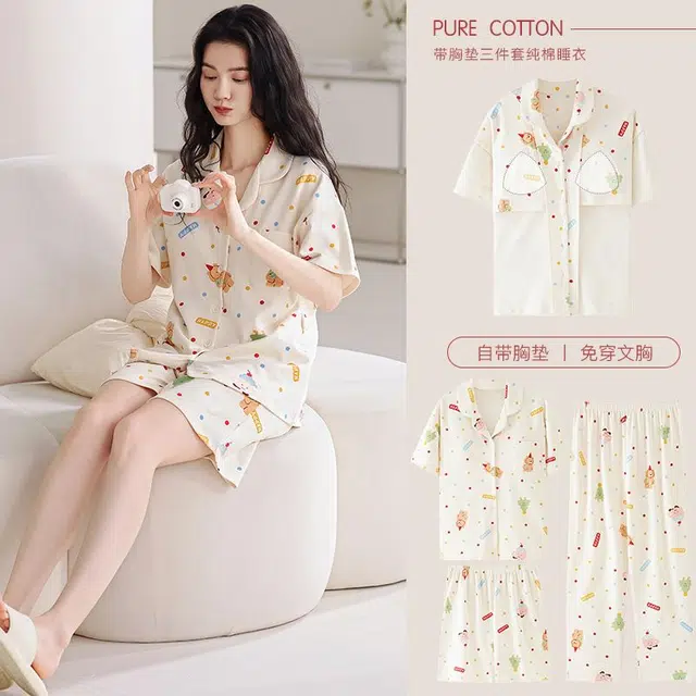 俏韵 翻领卡通夏季舒适甜美带胸垫短袖三件套薄款家居服可外穿睡衣套装 女款