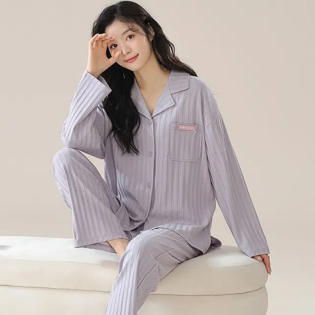 俏韵 翻领春秋季款简约条纹长袖开衫甜美可爱休闲舒适薄款家居服可外穿睡衣套装 女款