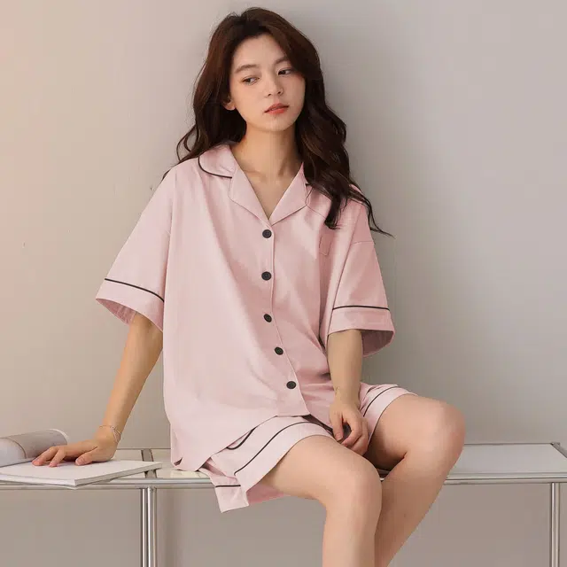 俏韵 翻领夏季纯棉舒适简约短袖甜美可爱薄款家居服可外穿睡衣套装 女款