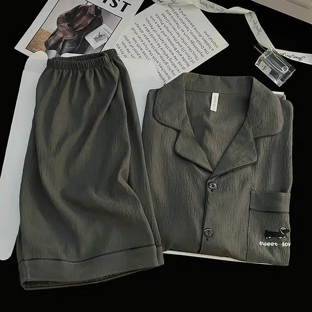 俏韵 翻领夏季云朵棉双短两件套简约纯色刺绣开衫薄款家居服可外穿睡衣套装 男款