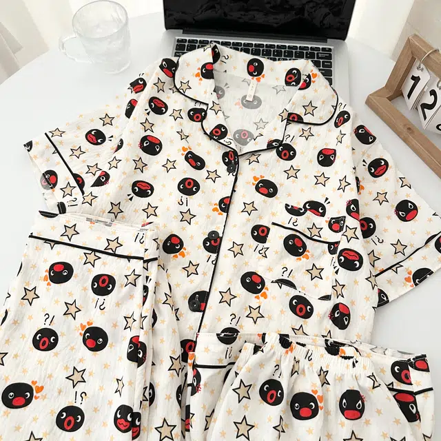 俏韵 翻领卡通夏季云朵棉舒适短袖三件套甜美薄款凉感家居服可外穿睡衣套装 女款