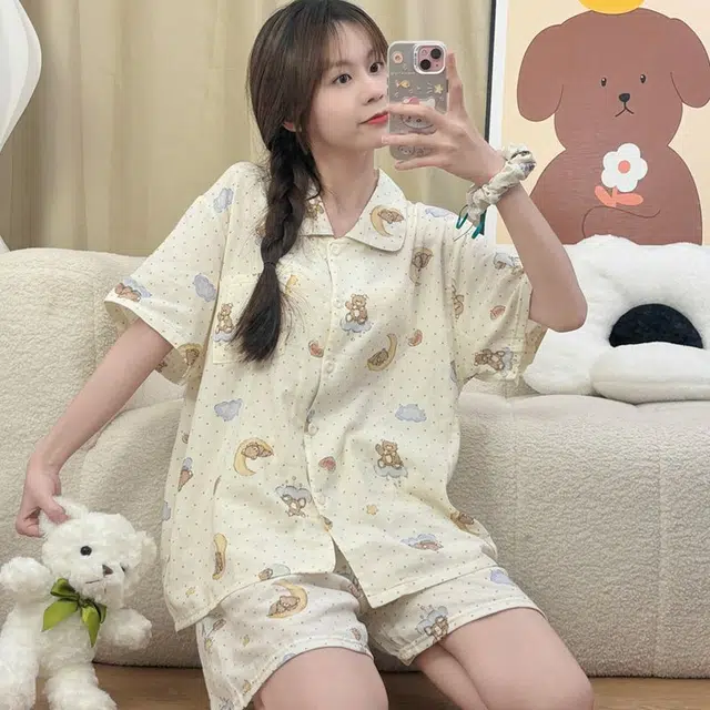 俏韵 翻领可爱短袖甜美家居服可外穿睡衣套装 女款 杏色