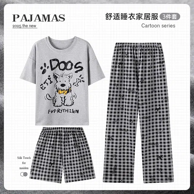 俏韵 圆领卡通夏季带胸垫甜美短袖三件套薄款舒适家居服可外穿睡衣套装 女款