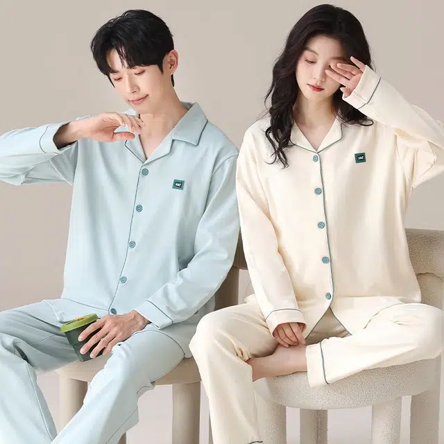 俏韵 翻领春秋季纯棉简约风长袖长裤甜美舒适休闲高级家居服可外穿睡衣套装 男女同款