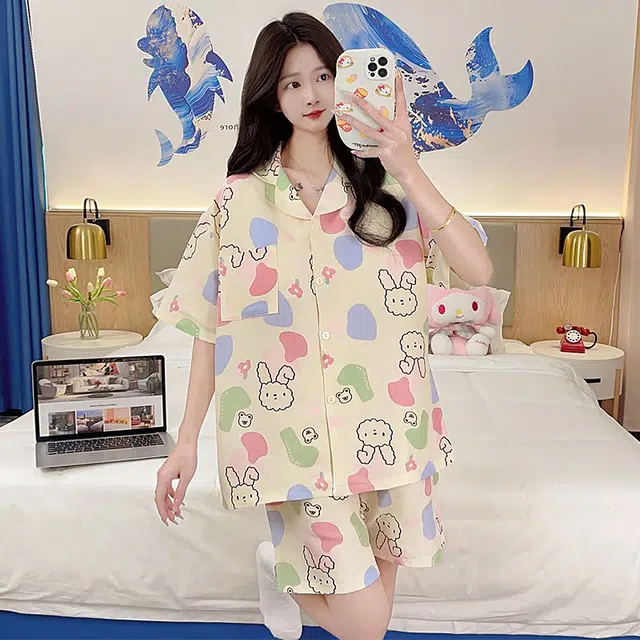 俏韵 翻领卡通舒适凉感短袖甜美薄款家居服可外穿睡衣套装 女款