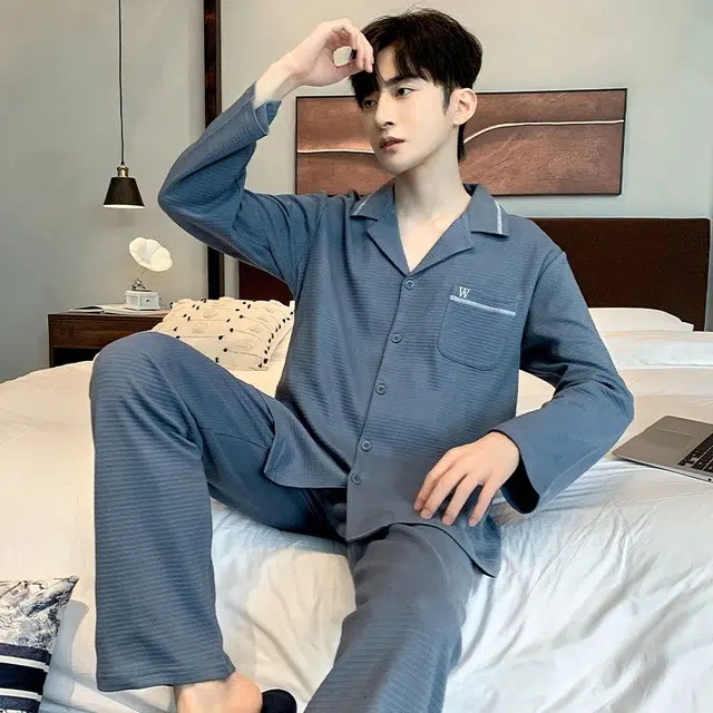 俏韵 翻领秋春季长袖长裤开衫休闲简约风薄款舒适家居服可外穿睡衣套装 男款