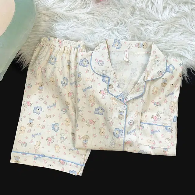 俏韵 翻领卡通狗狗夏季云朵棉甜美可爱亲肤短袖短裤薄款家居服可外穿睡衣套装 女款